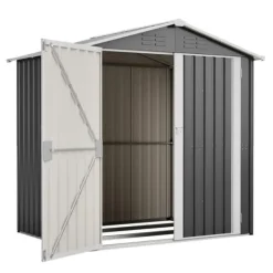 Clearance Haveskur i metal 142 x 185 cm, grå – aflåselig dør, ventilationshul, inkl. metalbund, vejrbestandig til haveredskaber Skure, Garager & Carports