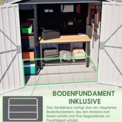Clearance Haveskur i metal 142 x 185 cm, grå – aflåselig dør, ventilationshul, inkl. metalbund, vejrbestandig til haveredskaber Skure, Garager & Carports