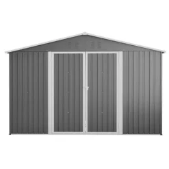 Sale Haveskur i metal 300 x 252 x 191 cm, grå – gaveltag, robust opbevaring til haveredskaber og redskaber Skure, Garager & Carports