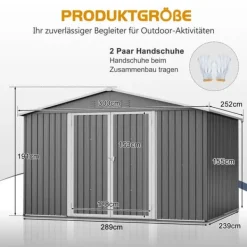Sale Haveskur i metal 300 x 252 x 191 cm, grå – gaveltag, robust opbevaring til haveredskaber og redskaber Skure, Garager & Carports