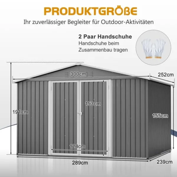 Sale Haveskur i metal 300 x 252 x 191 cm, grå – gaveltag, robust opbevaring til haveredskaber og redskaber Skure, Garager & Carports