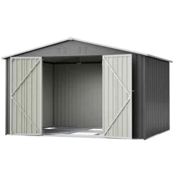Sale Haveskur i metal 300 x 252 x 191 cm, grå – gaveltag, robust opbevaring til haveredskaber og redskaber Skure, Garager & Carports