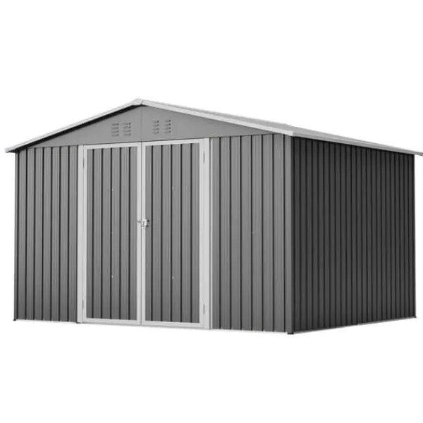 Sale Haveskur i metal 300 x 252 x 191 cm, grå – gaveltag, robust opbevaring til haveredskaber og redskaber Skure, Garager & Carports