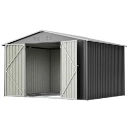 Sale Haveskur i metal 300 x 252 x 191 cm, grå – gaveltag, robust opbevaring til haveredskaber og redskaber Skure, Garager & Carports