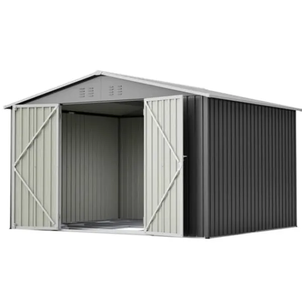 Sale Haveskur i metal 300 x 252 x 191 cm, grå – gaveltag, robust opbevaring til haveredskaber og redskaber Skure, Garager & Carports
