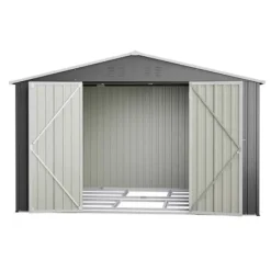 Sale Haveskur i metal 300 x 252 x 191 cm, grå – gaveltag, robust opbevaring til haveredskaber og redskaber Skure, Garager & Carports