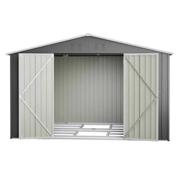 Sale Haveskur i metal 300 x 252 x 191 cm, grå – gaveltag, robust opbevaring til haveredskaber og redskaber Skure, Garager & Carports