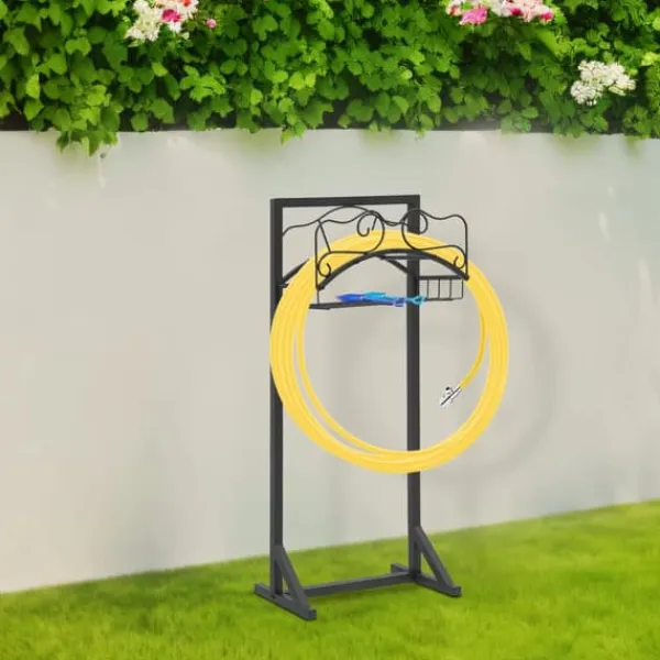 Plantestativer^Haveslangeholder - Fritstående slangestativ - Jern - Med jordspyd - Bæreevne 22,68 kg - Mål 38×18×86 cm - Samlet højde 106 cm - Sort