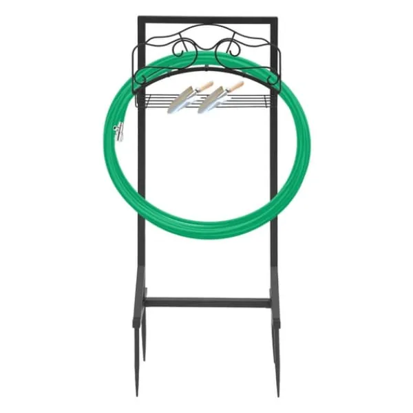 Plantestativer^Haveslangeholder - Fritstående slangestativ - Jern - Med jordspyd - Bæreevne 22,68 kg - Mål 38×18×86 cm - Samlet højde 106 cm - Sort