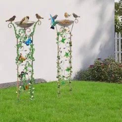 Clearance Have-spalier - Klatrestativ med fuglebad - Højde 100 cm - Metal - Fuglemotiv - Fuglebad 5 cm dyb - Jordspyd 17 cm - Vandtæt - Rød Til Fugle & Småvildt