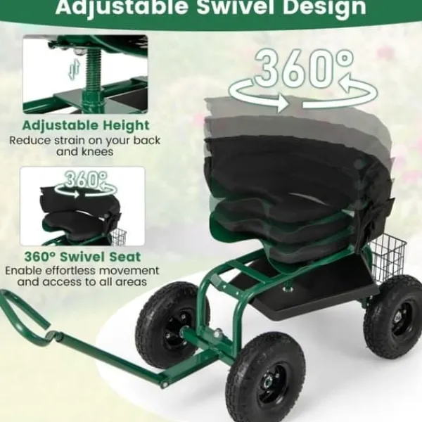 Støtte Med Hjul, Sæder & Knæbeskyttelse Til Havepleje^Havetrillebør Scooter, 35,5x24x23,5-27cm, Rød, Sort