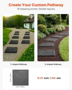 Sale Havetrinsten / Trædesten - Sæt 16 stk. - Mål 39,5 x 39,5 cm - Vejrbestandig plast - Med jordspyd til fastgørelse - Til græsplæne og terrasse - Grå Havesten & Trædesten