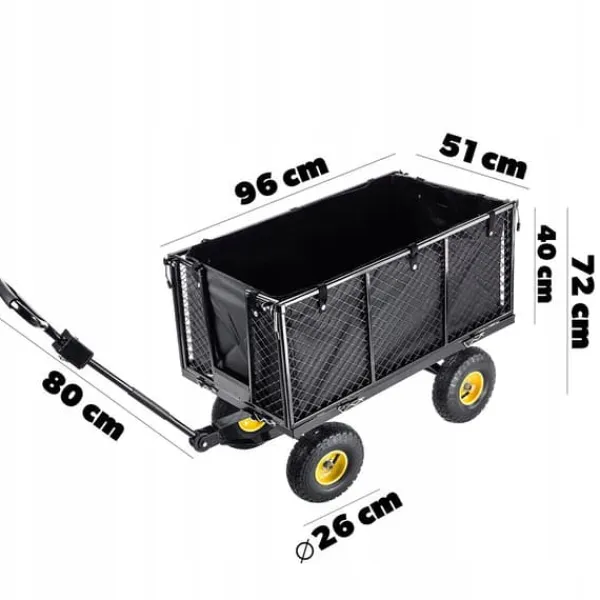 Haveværktøj^Havevogn, Pulverlakeret metalmateriale, 450 kg kapacitet, Dimensioner 96x51x72 cm, Mønstret hjul for stabilitet, Netvægge med PVC presenning