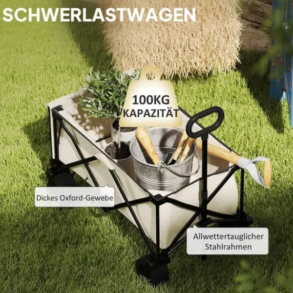 Haveværktøj^Havevogn sammenklappelig 100 kg med aftagelig dug, håndtag & hjul, 138 L, beige