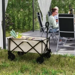 Haveværktøj^Havevogn sammenklappelig 100 kg med aftagelig dug, håndtag & hjul, 138 L, beige