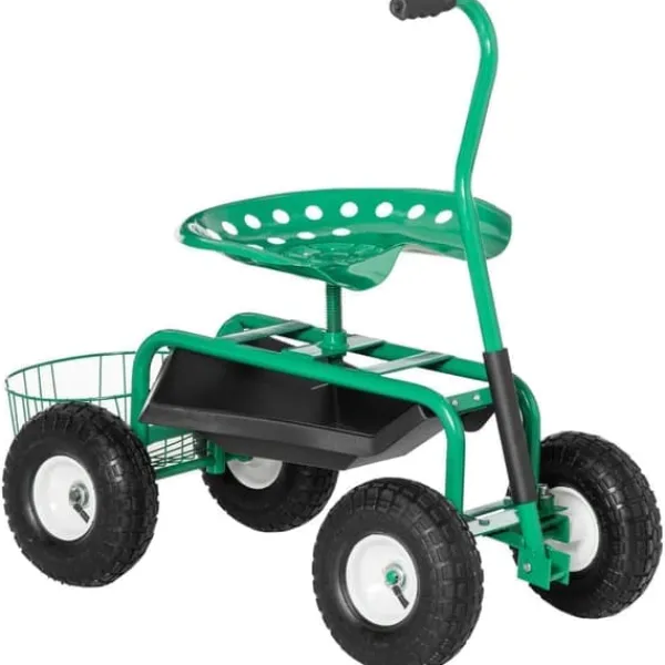 New Havevogn/værkstedsvogn med roterende sæde & kurv, højdejusterbar, 150 kg, grøn, 81×44,5×46–59 cm Støtte Med Hjul, Sæder & Knæbeskyttelse Til Havepleje