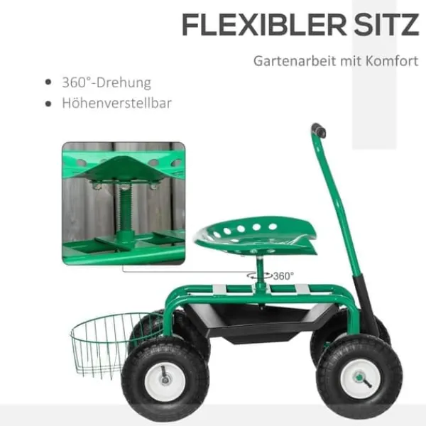 New Havevogn/værkstedsvogn med roterende sæde & kurv, højdejusterbar, 150 kg, grøn, 81×44,5×46–59 cm Støtte Med Hjul, Sæder & Knæbeskyttelse Til Havepleje