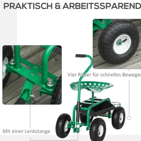 New Havevogn/værkstedsvogn med roterende sæde & kurv, højdejusterbar, 150 kg, grøn, 81×44,5×46–59 cm Støtte Med Hjul, Sæder & Knæbeskyttelse Til Havepleje