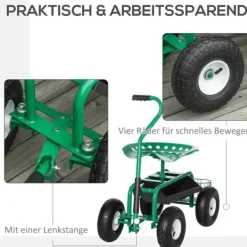 Discount Havevogn/værkstedsvogn med roterende sæde & kurv, højdejusterbar, 150 kg, grøn, 81×44,5×46–59 cm Støtte Med Hjul, Sæder & Knæbeskyttelse Til Havepleje
