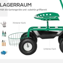 Hot Havevogn/værkstedsvogn med roterende sæde & kurv, højdejusterbar, 150 kg, grøn, 81×44,5×46–59 cm Støtte Med Hjul, Sæder & Knæbeskyttelse Til Havepleje