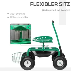Hot Havevogn/værkstedsvogn med roterende sæde & kurv, højdejusterbar, 150 kg, grøn, 81×44,5×46–59 cm Støtte Med Hjul, Sæder & Knæbeskyttelse Til Havepleje