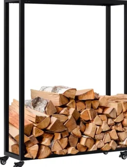 Tilbehør Til Brændeovne & Pejse^Hilta Metal Firewood Log Holder Stand with Wheels, Black, 25x80x100 cm