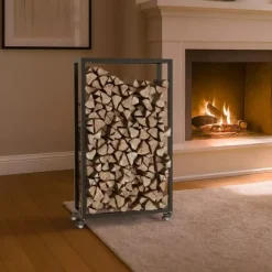 New Hilta Metal Firewood Rack - Black, 25x60x100 cm, on Wheels with Lock Tilbehør Til Brændeovne & Pejse