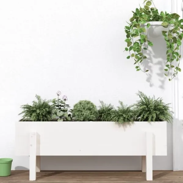 Plantningsbænke^Højbed i massiv fyrretræ - Plantekasse til have | Størrelse: 101x30x38 cm | Farve: Hvid