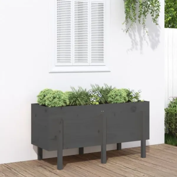 Outlet Højbed i massivt fyrretræ - Dekorativ plantekasse | Størrelse: 121x50x57 cm | Farve: Grå Plantningsbænke