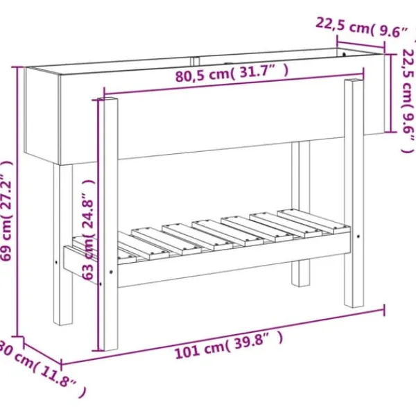 Plantningsbænke^Højbed i massivt fyrretræ - Plantekasse til have og terrasse | Størrelse: 101x30x69 cm