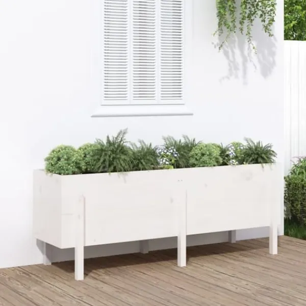 Plantningsbænke^Højbed i massivt fyrretræ - Plantekasse til haven | Mål: 160x50x57 cm | Farve: Hvid