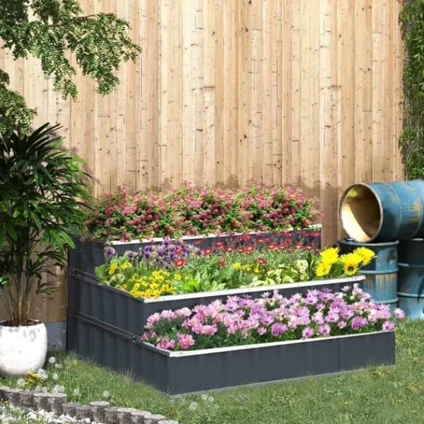 Krukker & Plantebeholdere^Højbed i stål 118x118x62 cm, 3-trins, med T-skilte & handsker, mørkegrå