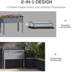 Drivhus^Højbed i træ med drivhus 120x54x112/122 cm, polykarbonat, grå – til tomater & grøntsager