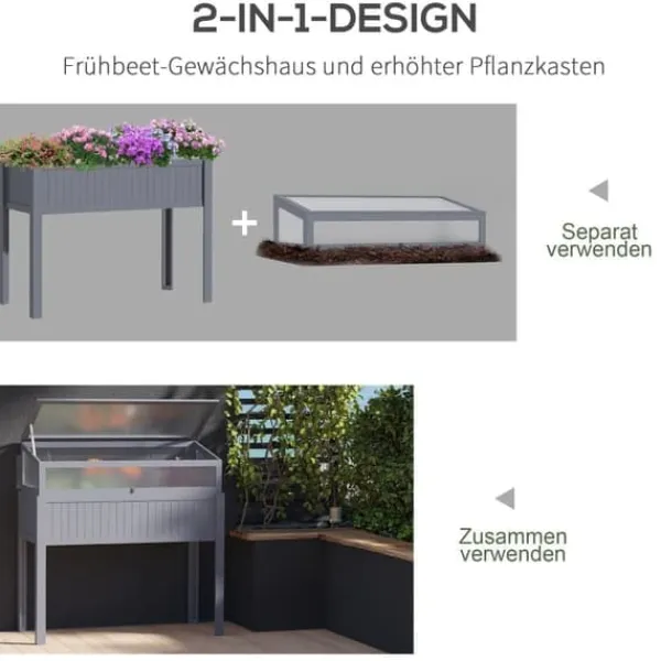 Drivhus^Højbed i træ med drivhus 120x54x112/122 cm, polykarbonat, grå – til tomater & grøntsager