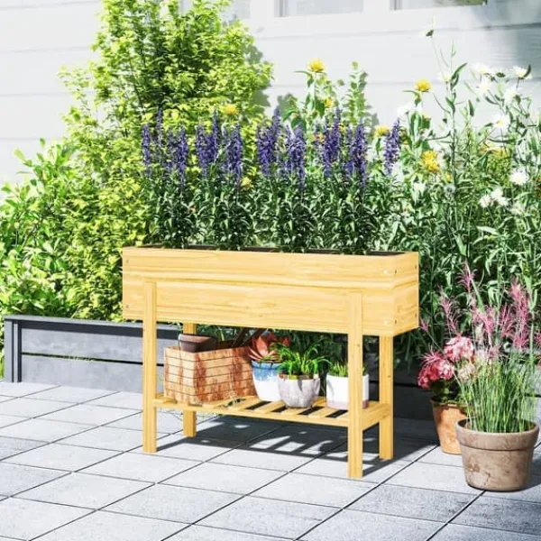 Best Højbed i træ 100x30x70,5 cm med hylde & dræning – vejrbestandig Plantningsbænke