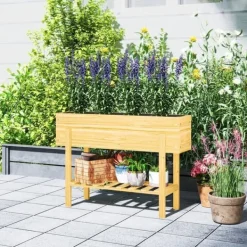 New Højbed i træ 100x30x70,5 cm med hylde & dræning – vejrbestandig Plantningsbænke