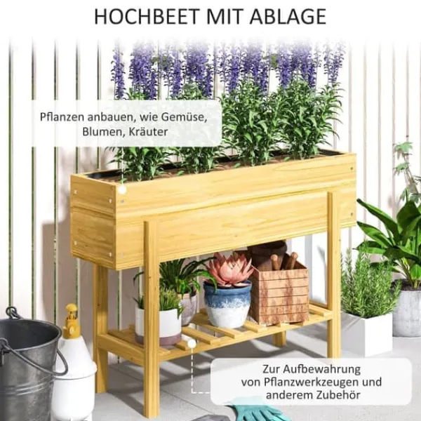 Plantningsbænke^Højbed i træ 100x30x70,5 cm med hylde & dræning – vejrbestandig