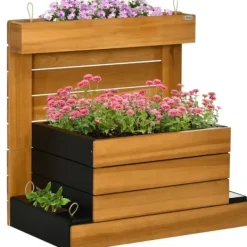 Højbed med 4 indsatsbeholdere & selvvanding, foret, træ brun, 79,5x49,5x80 cm Plantningsbænke