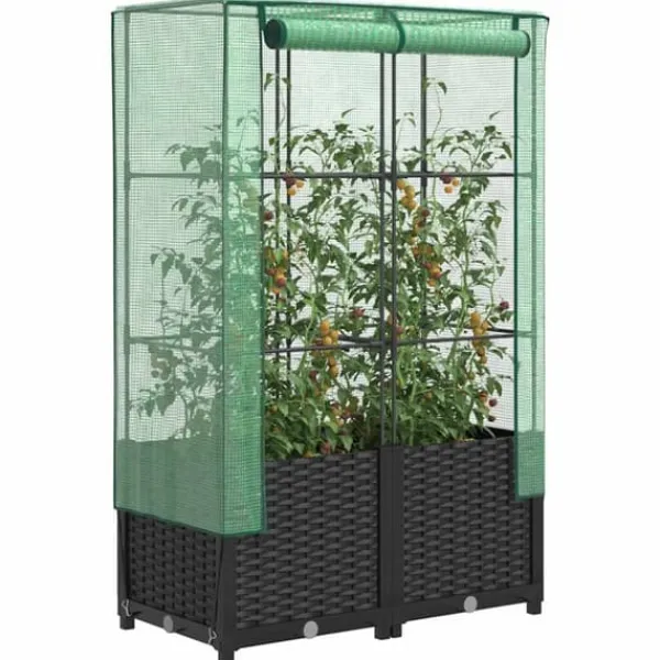 Drivhus^Højbed med drivhusovertræk - Rattan-look | Størrelse: 80x40x138 cm