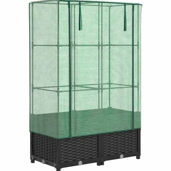 Drivhus^Højbed med drivhusovertræk - Rattan-look | Størrelse: 80x40x138 cm