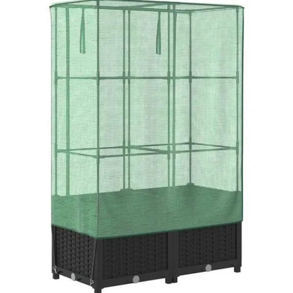 Drivhus^Højbed med drivhusovertræk - Rattan-look | Størrelse: 80x40x138 cm