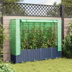 Online Højbed med drivhusovertræk - Rattan-look | Størrelse: 160x40x138 cm Plantningsbænke