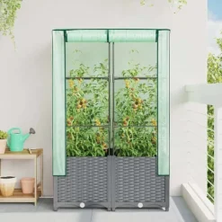 Clearance Højbed med drivhusovertræk - Rattan-look | Størrelse: 80x40x138 cm Drivhus