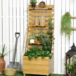 Clearance Højbed med espalier & 3 hylder 63x39x160 cm, træ brun – klatreplanter Plantningsbænke