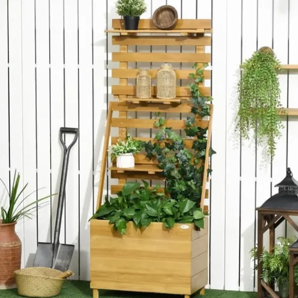 Clearance Højbed med espalier & 3 hylder 63x39x160 cm, træ brun – klatreplanter Plantningsbænke
