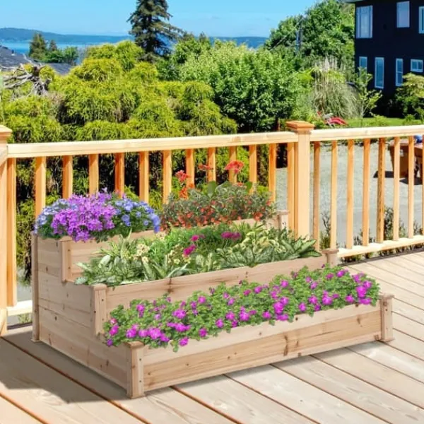 Clearance Højbed 3-trins i træ 124x124x56 cm – urte-trappe til balkon & have Plantningsbænke