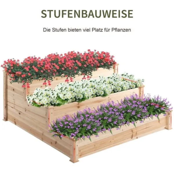 Clearance Højbed 3-trins i træ 124x124x56 cm – urte-trappe til balkon & have Plantningsbænke