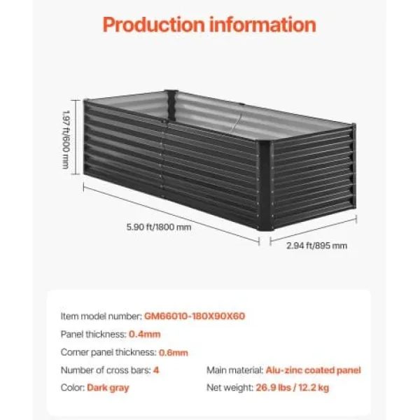 Online Højbedsplantekasse, 180x89,5x60 cm, Mørkegrå, Metal Plantningsbænke