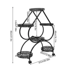 Plantestativer^Hjerteformet blomsterstander - Planteholder med 6 bakker - Jern - 4 hjul - 7,5 kg pr. bakke - Bakker Ø25×3,5 cm - Inde/ude - Sort