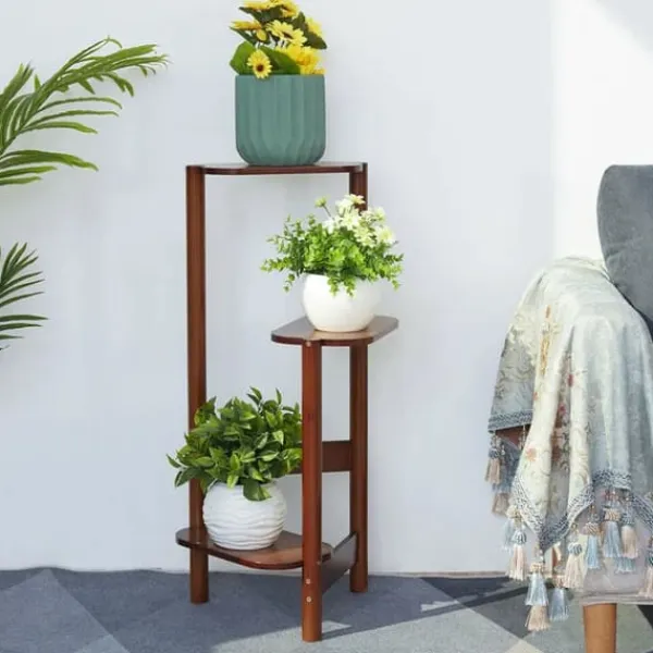 Sale Hjørne Plantestativ - Blomsterhylde - 3 Etager - Træ - Inde/Ude - Nem Montering - Brun Plantestativer
